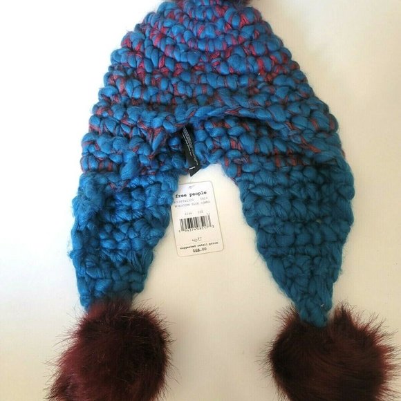 NWT Free People MOROCCAN BLUE COMBO Beanie Hat Pom Pom Knit - Picture 3 of 8